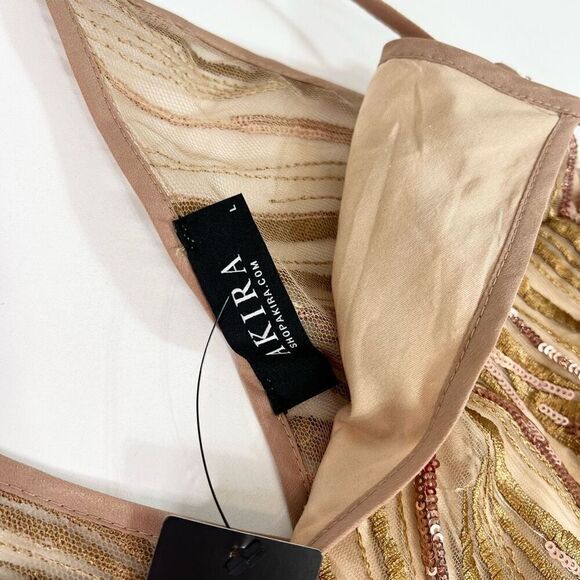NWT Akira Maxi Dress Womens Large Tan Sequin Copper Spaghetti Strap Long - Picture 4 of 12